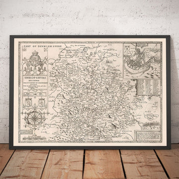 Vieille carte du Shropshire en 1611 par John Speed ​​- Shrewsbury, Telford, Bridgnorth, Oswestry, Newport, Ludlow