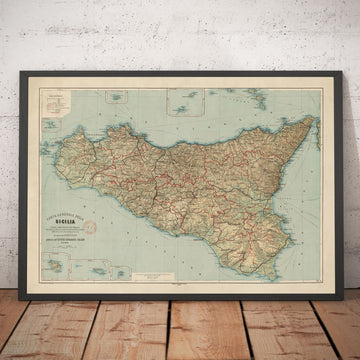 Mappa antica della Sicilia nel 1891 di Wilhelm Fritzsche - Palermo, Catania, Messina, Marsala, Sciacca 