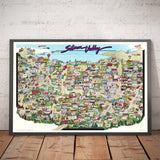 Rare ancienne carte de Silicon Valley, 1985 - Tableau pictorial de MountainView, Sunnyvale, Cupertino, San Jose, Fremont