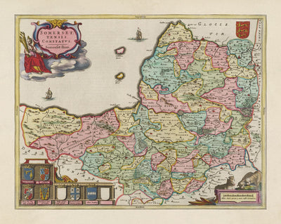 El viejo mapa de Somerset dibujado por Joan Blaeu en 1611 - Bath, Bristol, potisheed, Weston supermar, tonton, yeoville