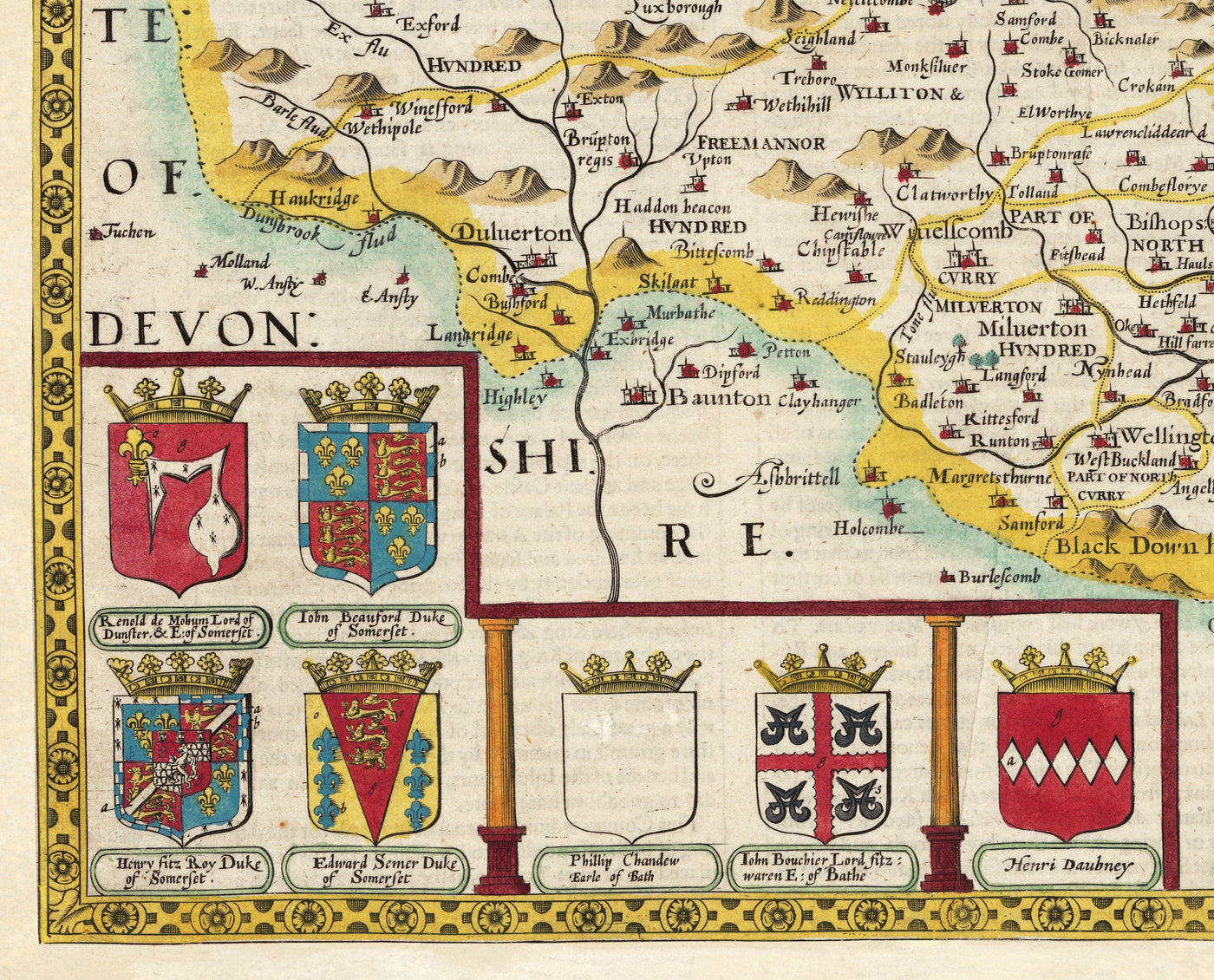 Alte Karte von Somerset im Jahre 1611 von John Speed ​​- Bad, Portishead, Weston-Super-Mare, Taunton