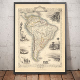 Mappa antica del Sud America, 1851 di Tallis & Rapkin - Colonialismo portoghese, lavaggio dell'oro, Amazzonia, Brasile, Colombia 