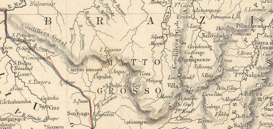 Mappa antica del Sud America, 1851 di Tallis & Rapkin - Colonialismo portoghese, lavaggio dell&