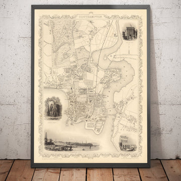 Ancienne Carte de Southampton en 1851 par Tallis & Rapkin - Centre ville, Itchen, chapelle, quais, Ocean Village