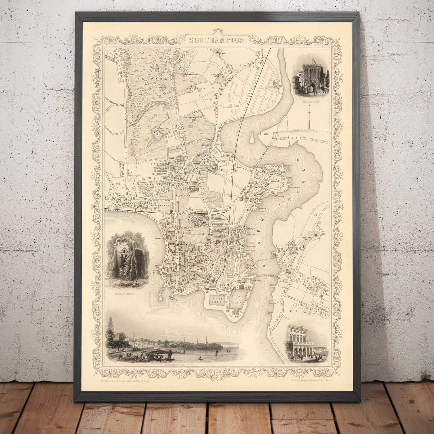 Mapa antiguo de Southampton en 1851 por Tallis & Rapkin - Centro de la ciudad, Río Itchen, Capilla, Docks, Ocean Village