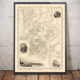 Ancienne Carte de Southampton en 1851 par Tallis & Rapkin - Centre ville, Itchen, chapelle, quais, Ocean Village