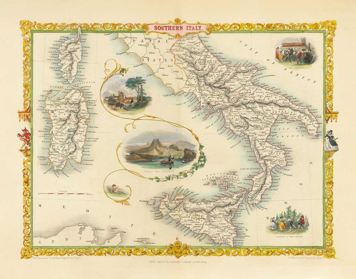 Ancienne carte de l'Italie du Sud en 1851 par Tallis & Rapkin - Sicile, Sardaigne, Corse, Naples, Palerme