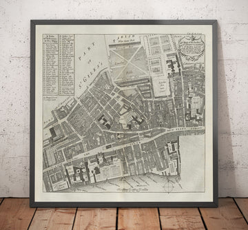 Mappa antica di St Mary Savoy, 1720 di Strype e Stow - Londra, Holborn, Strand, Fleet Street, fiume Tamigi 