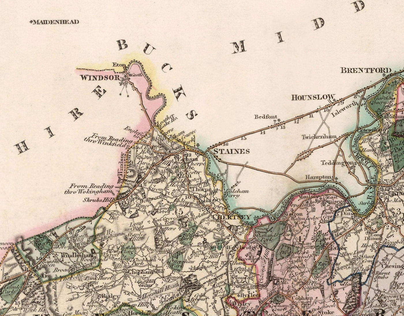 Alte Karte von Surrey 1829 von Greenwood & Co. - Woking, Guildford, Croydon, Richmond