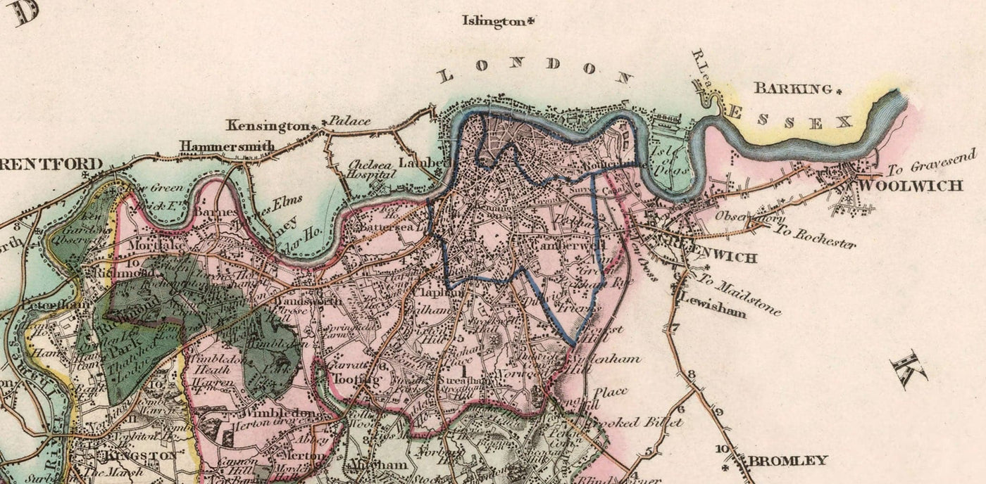 Alte Karte von Surrey 1829 von Greenwood & Co. - Woking, Guildford, Croydon, Richmond