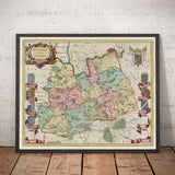 Viejo Mapa de Surrey en 1665 por Joan Blaeu - Woking, Guildford, Croydon, Richmond, Kingston, Reigate
