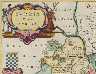 Viejo Mapa de Surrey en 1665 por Joan Blaeu - Woking, Guildford, Croydon, Richmond, Kingston, Reigate