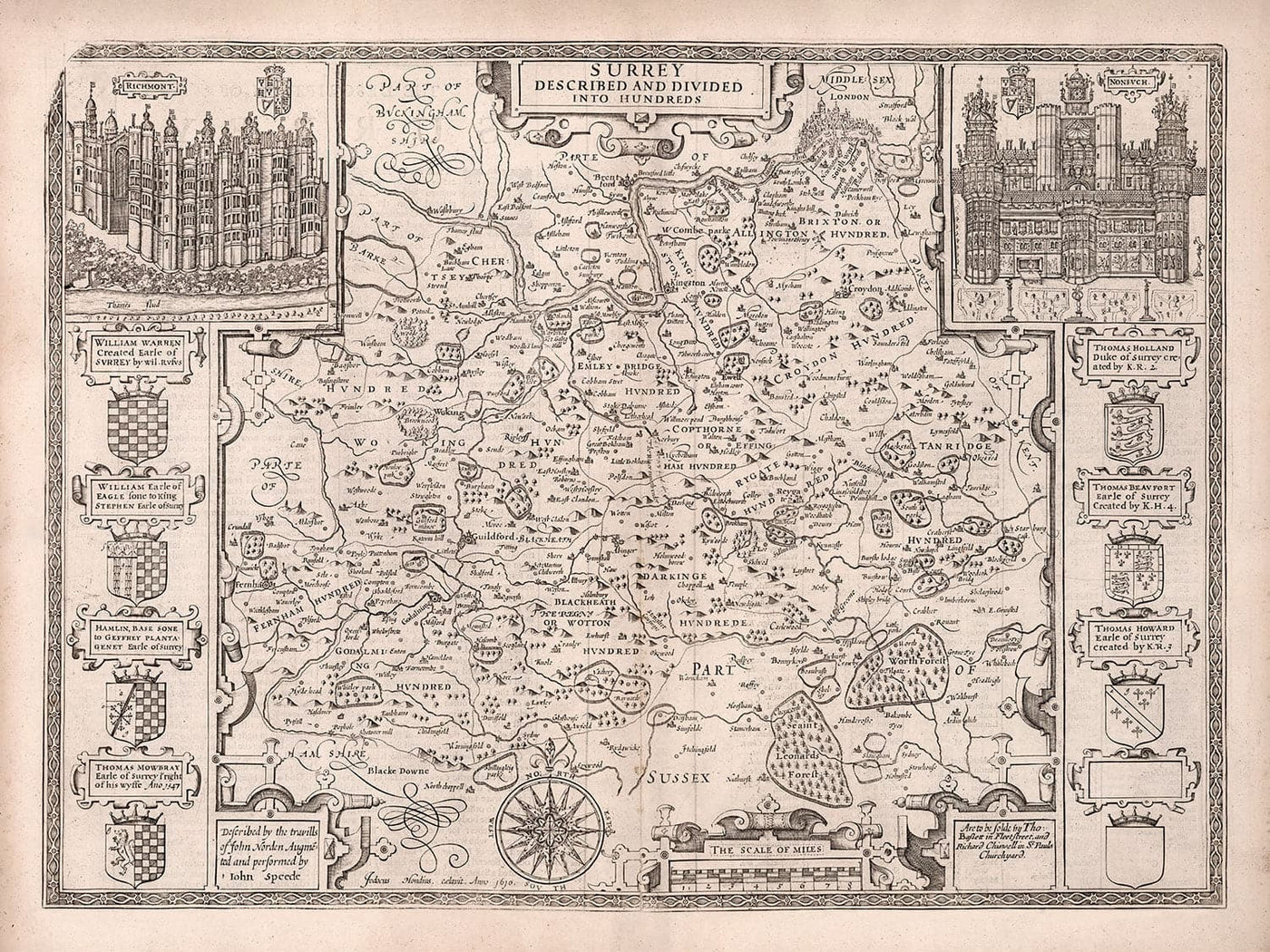 Alte Karte von Surrey im Jahre 1611 von John Speed ​​- Woking, Guildford, Croydon, Richmond, London