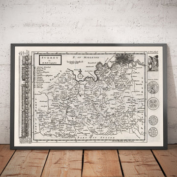 Viejo Mapa de Surrey 1724 por Herman Moll - Woking, Guildford, Croydon, Richmond, Lambeth, Southwark