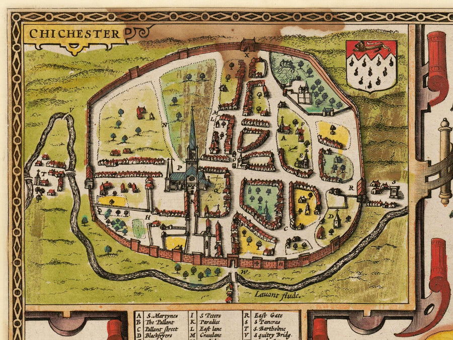 Mappa antica del Sussex nel 1611 di John Speed - Worthing, Crawley, Brighton, Bognor, Eastbourne 
