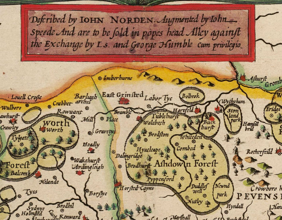 Mappa antica del Sussex nel 1611 di John Speed - Worthing, Crawley, Brighton, Bognor, Eastbourne 