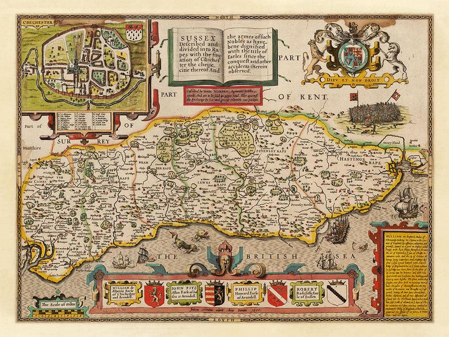 Mappa antica del Sussex nel 1611 di John Speed - Worthing, Crawley, Brighton, Bognor, Eastbourne 