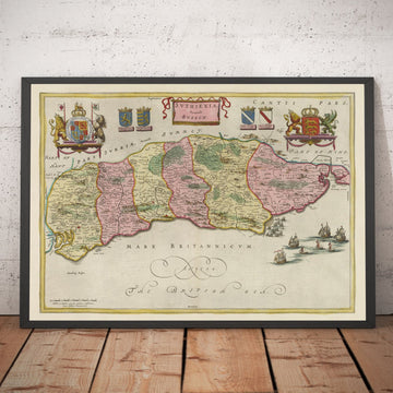 Ancienne carte de Sussex en 1665 par Joan Blaauu - Est, Occident, Mid Sussex, Worthing, Crawley, Brighton, Bognor, Eastbourne
