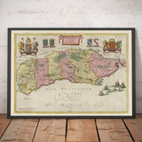 Ancienne carte de Sussex en 1665 par Joan Blaauu - Est, Occident, Mid Sussex, Worthing, Crawley, Brighton, Bognor, Eastbourne