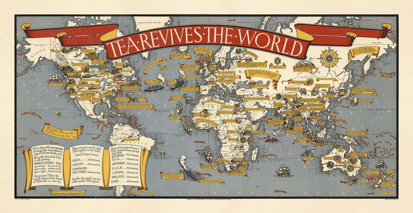 Le thé ravive le monde, 1940 par Max Gill - Carte mondiale rare pour les buveurs de thé!