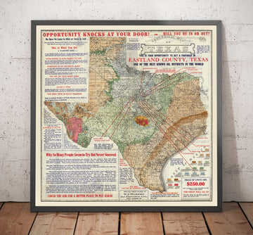 MAPA GEOLÓGICO VIEJO RARO DE TEXAS, 1921 - Tabla de inversión del auge de petróleo del condado de Eastland
