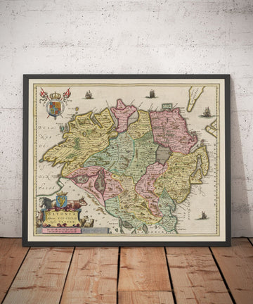 Viejo Mapa de Ulster, Irlanda del Norte en 1665 por Joan Blaeu - Belfast, Derry, Condado Antriment & Down, Eire