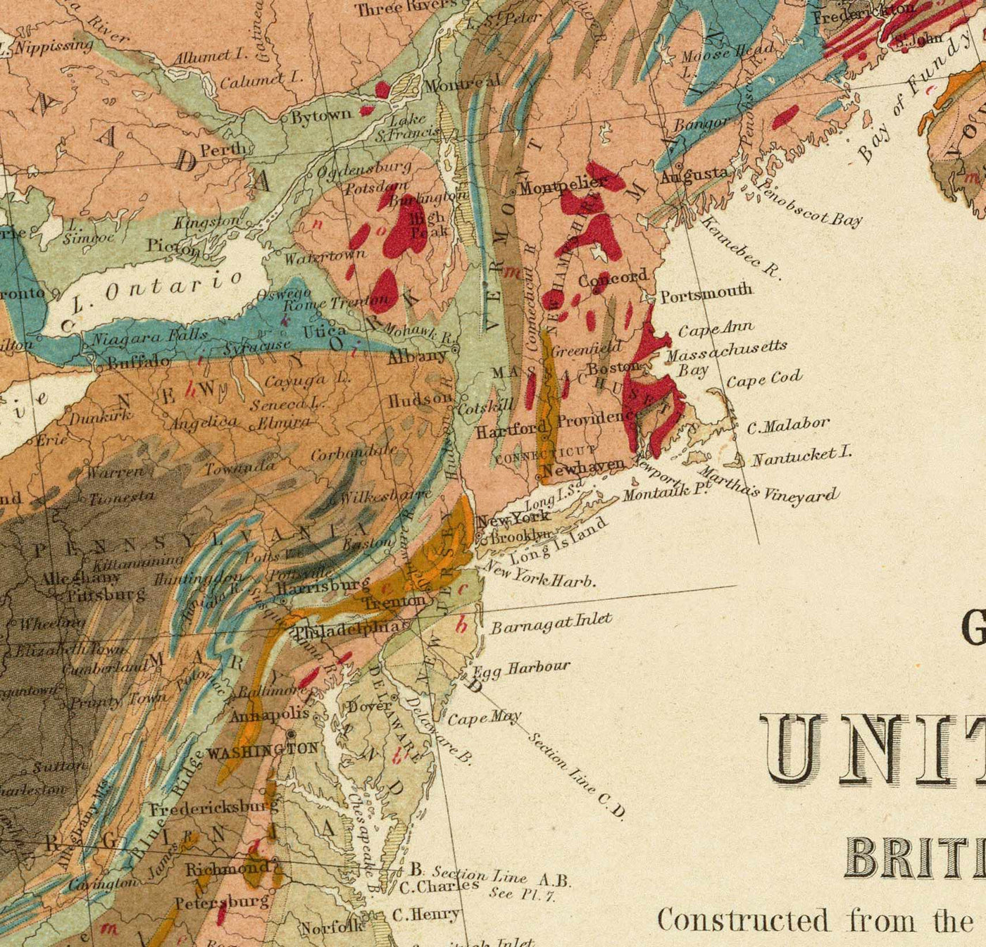 Ancienne carte géologique des États-Unis et du Canada par Rogers & Johnston, 1856 - Carte géologique de l'Amérique