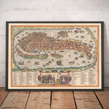 Très ancienne carte de Venise, 1572 par Georg Braun - Vénétiezia, Murano, Burano, Giudecca, Lagon vénitien