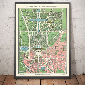 Alte Karte des Schlosses von Versailles & Gärten, 1920 von Leconte - Paris, Großer Kanal, König Ludwig XIV, XV, XVI 