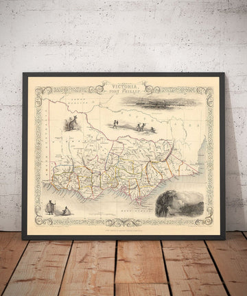 Old Map of Victoria, Australia by Tallis & Rapkin, 1851 - Melbourne, Geelong, Bourke, Grant, Evelyn Counties