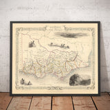 Mapa antiguo de Victoria, Australia por Tallis & Rapkin, 1851 - Condados de Melbourne, Geelong, Bourke, Grant, Evelyn