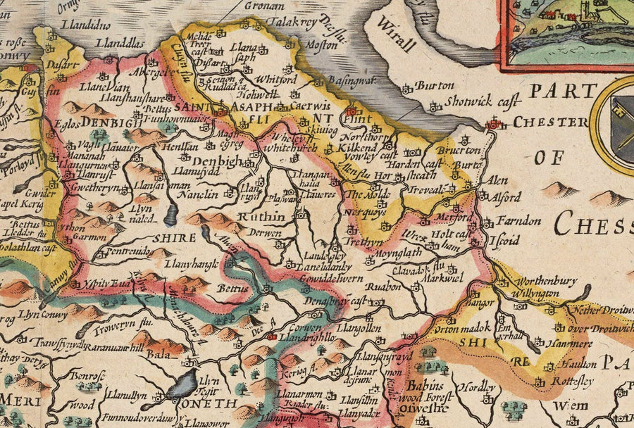 Antica Mappa a Colori del Galles, Cymru di John Speed, 1610 