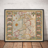 Antica Mappa a Colori del Galles, Cymru di John Speed, 1610 