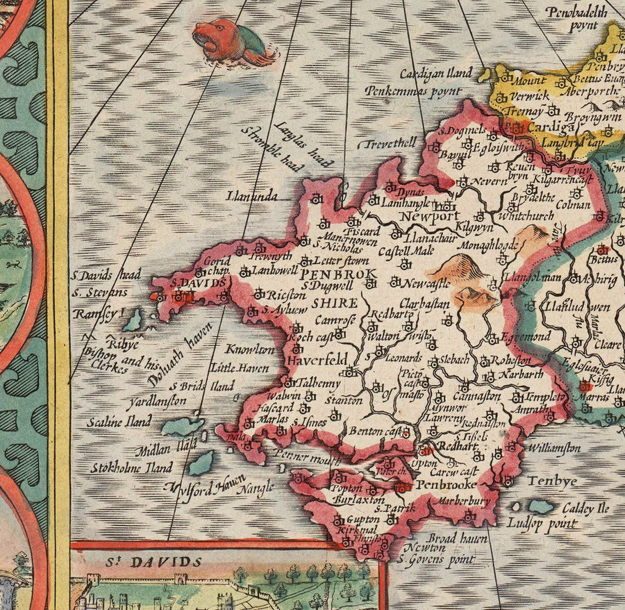 Antica Mappa a Colori del Galles, Cymru di John Speed, 1610 