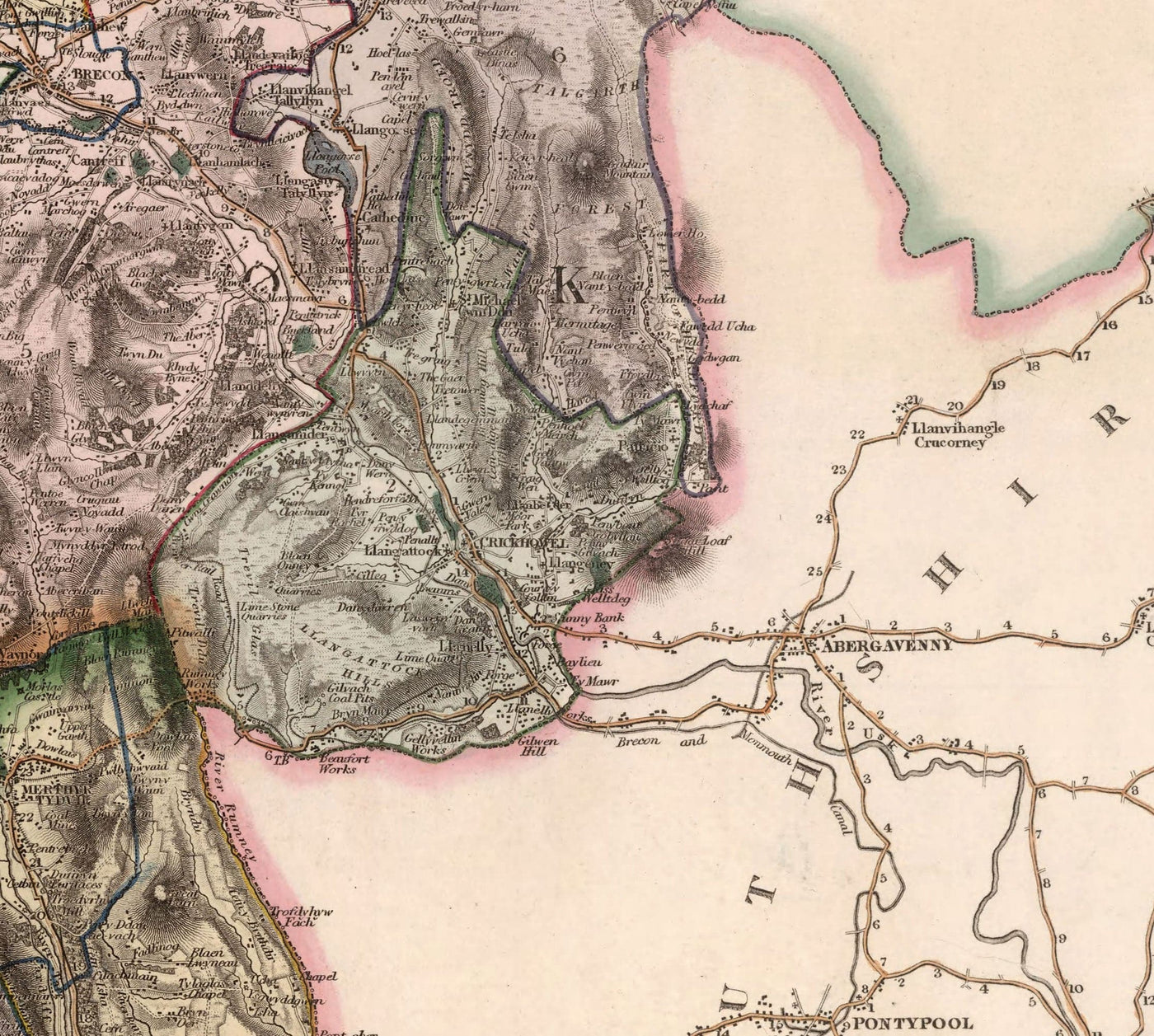Ancienne carte de South Wales, 1829 par Greenwood & Co. - Glamorgan, Cardiff, Brecon, Swansea