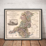Viejo mapa de South Wales, 1829 por Greenwood & Co. - Glamorgan, Cardiff, Brecon, Swansea