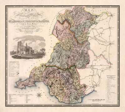Alte Karte von Südwales, 1829 von Greenwood & Co. - Glamorgan, Cardiff, Brecon, Swansea
