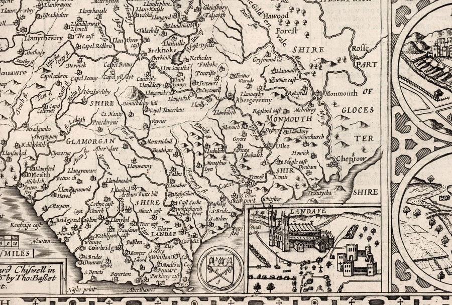 Vecchia mappa monocromatica del Galles, Cymru, 1611 di John Speed - Città, paesi, contee, Cardiff, Pembrokeshire, Anglesey 
