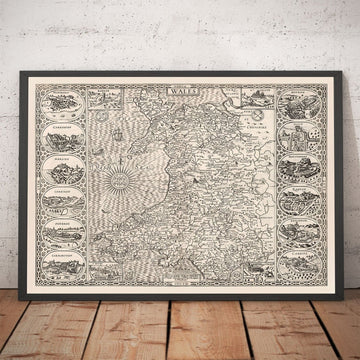 Mapa monocromático antiguo de Gales, Cymru, 1611 de John Speed ​​- Ciudades, Pueblos, Condados, Cardiff, Pembrokeshire, Anglesey