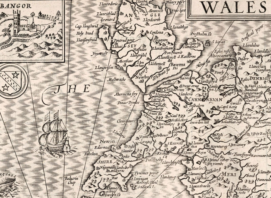 Vecchia mappa monocromatica del Galles, Cymru, 1611 di John Speed - Città, paesi, contee, Cardiff, Pembrokeshire, Anglesey 