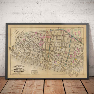 Mappa Antica del Distretto Finanziario e del Centro Civico, 1879 - I Rioni di Manhattan, Wall St, Fulton St, East River, Municipio, Tribunale, Tesoreria 