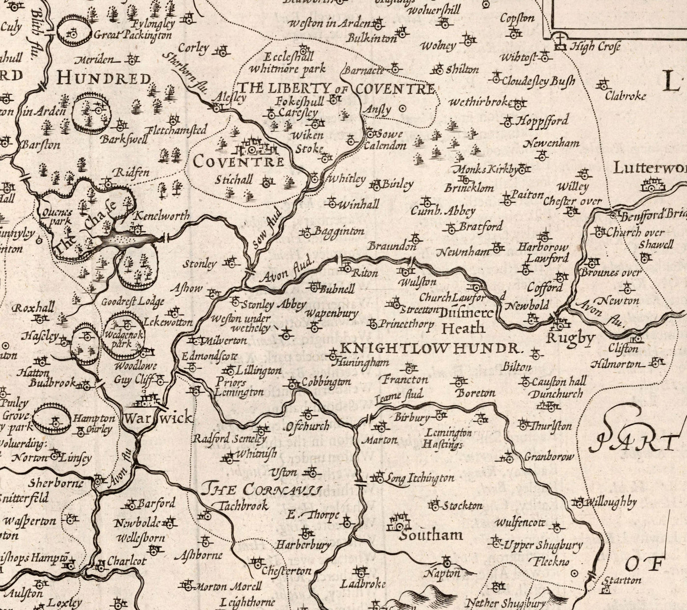 Alte Karte von Warwickshire im Jahre 1611 von John Speed ​​- Birmingham, Coventry, Solihull, Warwick