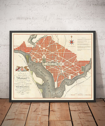 Very Old Map of Washington DC, 1795 by John Russell - Georgetown, White House, Capitol, White House, City Plan