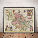 Mapa antiguo de West Yorkshire, 1665 de Joan Blaeu - York, Bradford, Sheffield, Leeds, Huddersfield, Halifax, Wakefield