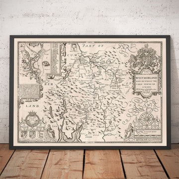 Mapa monocromo antiguo de Westmorland, 1611 de John Speed ​​- Lake District, Cumbria, Kendal, Windermere, Grasmere