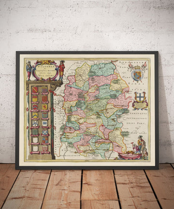 Mappa Antica del Wiltshire nel 1665 di Joan Blaeu - Salisbury, Stonehenge, Swindon, Trowbridge, Chippenham, Melksham 