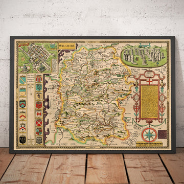 Mapa antiguo de Wiltshire en 1611 por John Speed ​​- Salisbury, Stonehenge, Swindon, Trowbridge