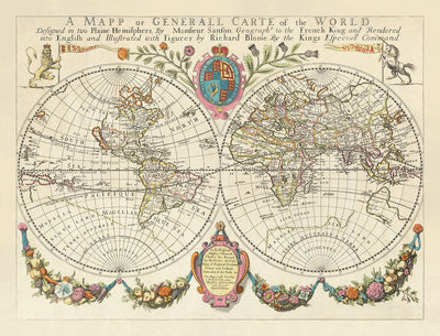 Carte ancienne du monde de 1671 par Richard Blome - Premier tableau mural de l'Atlas anglais
