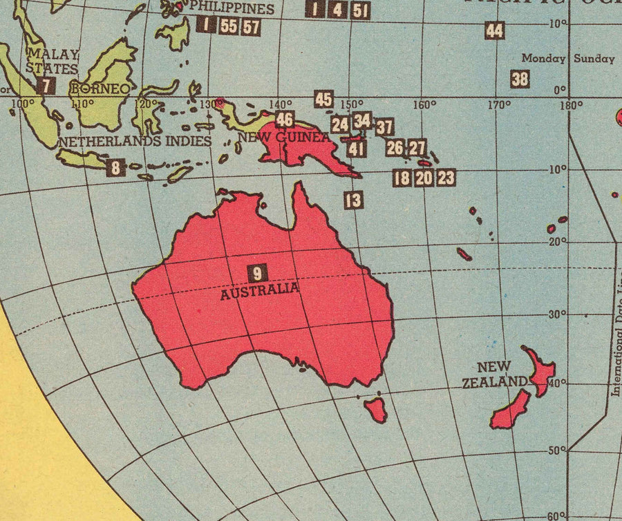 Antiguo mapa de la Segunda Guerra Mundial, 1945 - "3 años de guerra" de Edwin Sundberg - Aliados contra el Eje - Participación de EE.UU. en la Segunda Guerra Mundial