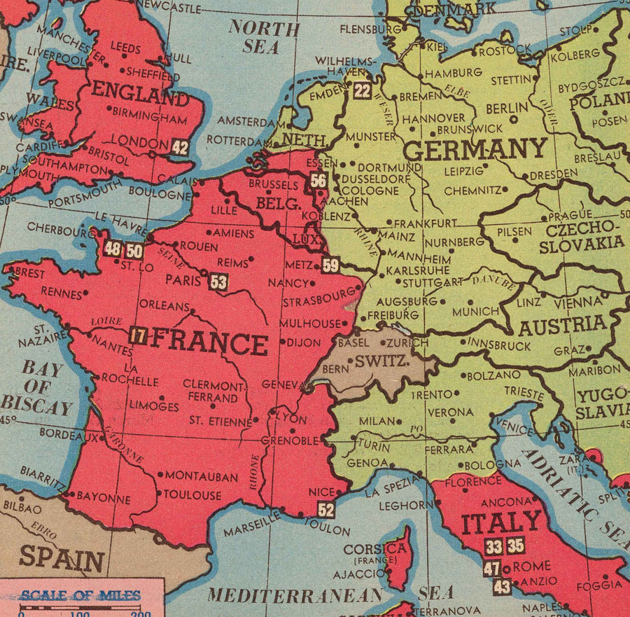 Antiguo mapa de la Segunda Guerra Mundial, 1945 - "3 años de guerra" de Edwin Sundberg - Aliados contra el Eje - Participación de EE.UU. en la Segunda Guerra Mundial